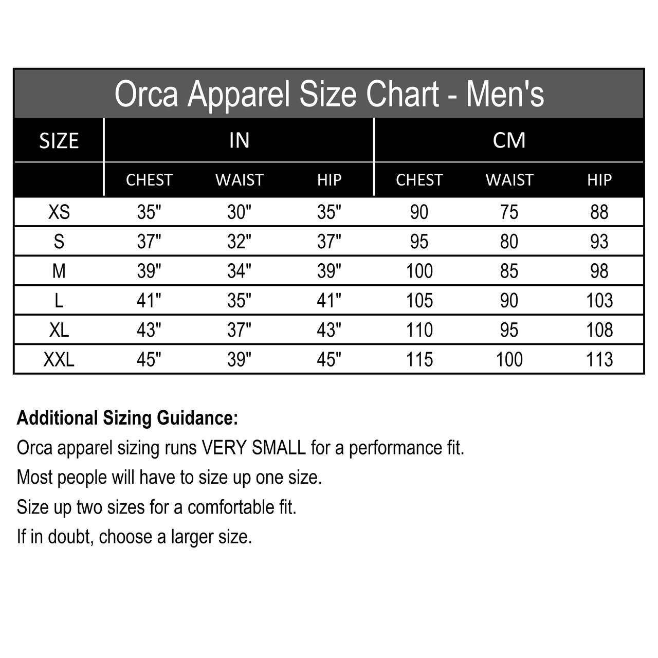 Orca S1 Size Chart